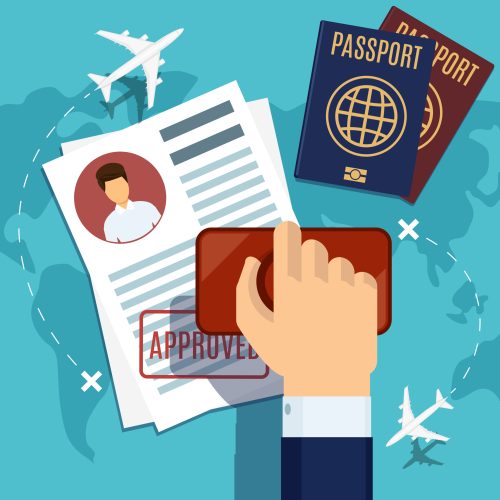 Visa stamping. Stamp on passport application Visa stamping. Passport or visa application. Travel immigration stamp, vector illustration